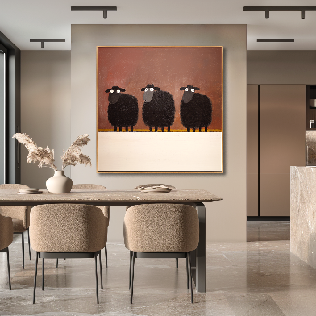 Three Watchers — Playful Minimal Animal Oil Painting for Modern Wall Art