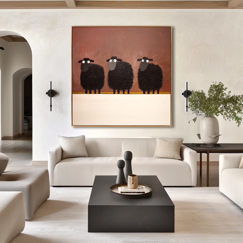 Three Watchers — Playful Minimal Animal Oil Painting for Modern Wall Art