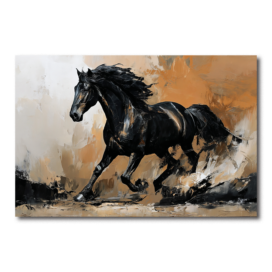 Abstract Black Horse Painting – Large Modern Running Horse Canvas Art