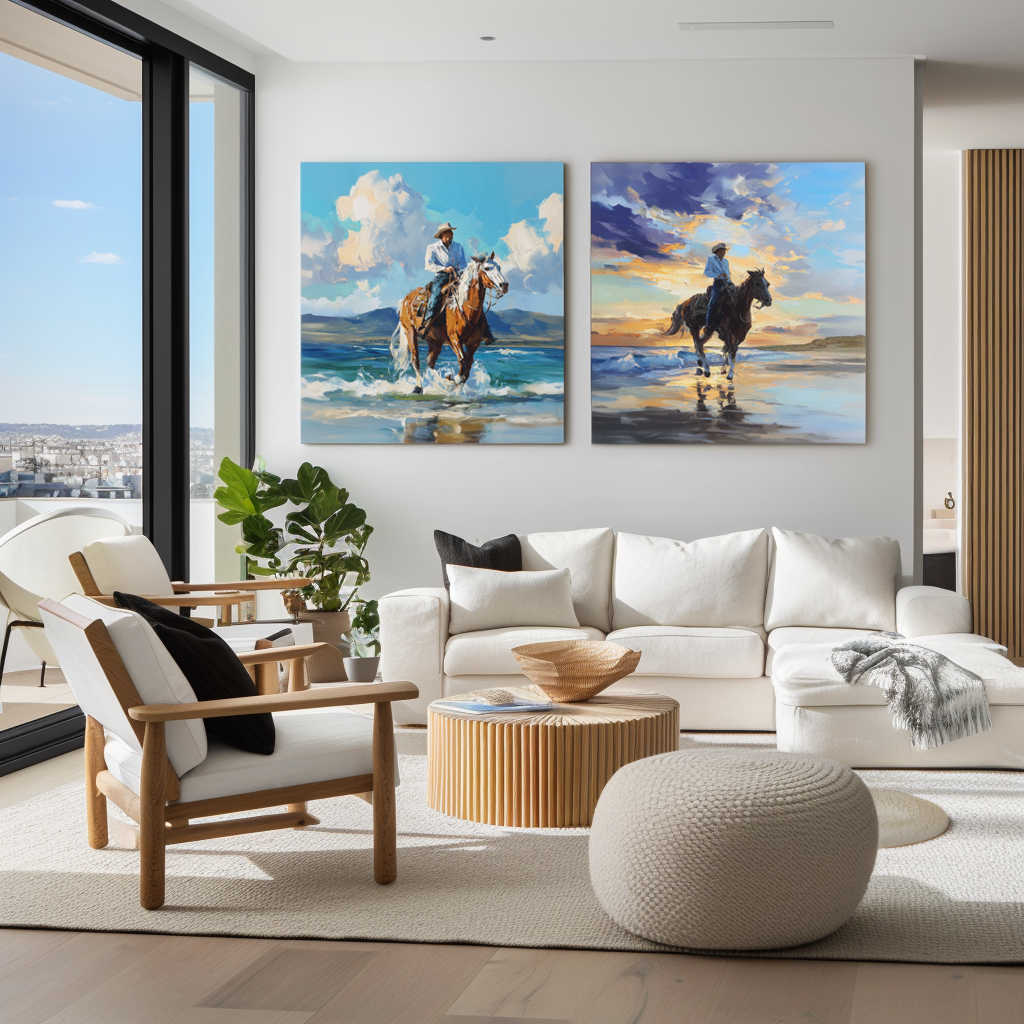 Cowboy Beach Horse Wall Art Set – Western Canvas Paintings for Home