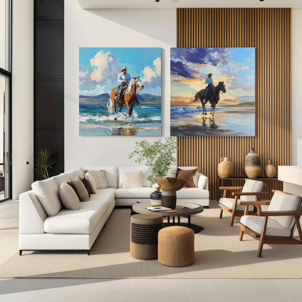 Cowboy Beach Horse Wall Art Set – Western Canvas Paintings for Home