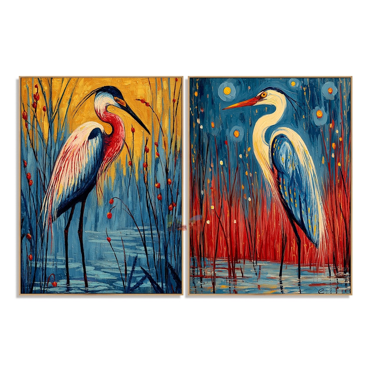 Crimson Reed Herons – Bird Diptych Wall Art
