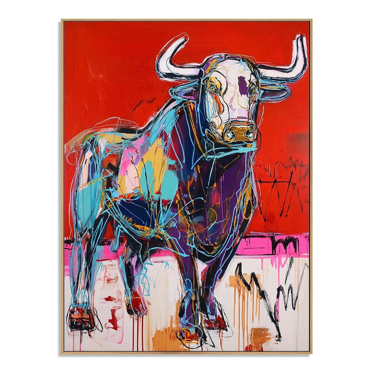 Scarlet Bull Charge – Abstract Animal Wall Art