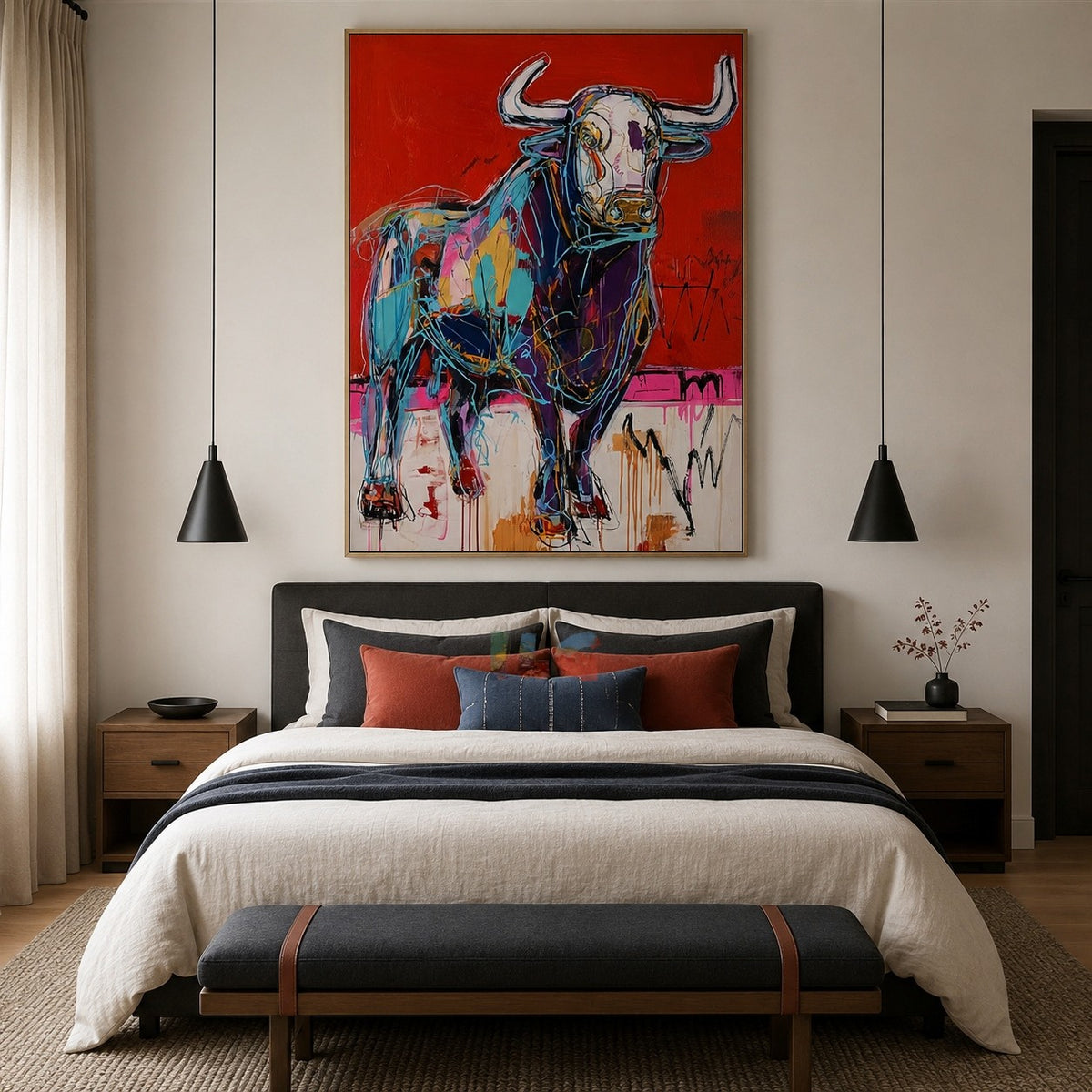Scarlet Bull Charge – Abstract Animal Wall Art