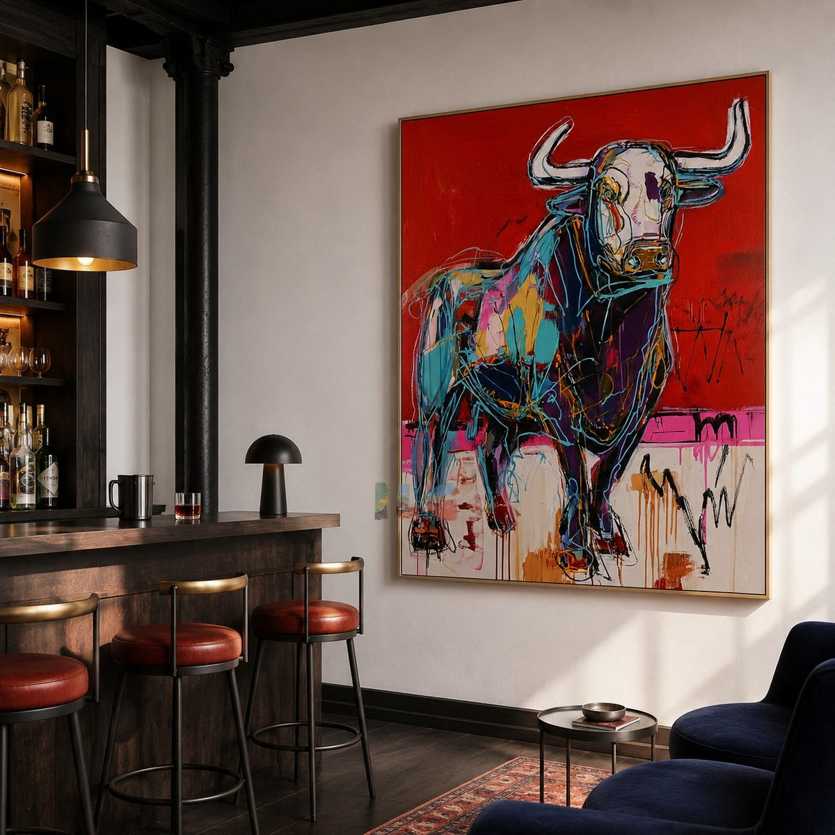 Scarlet Bull Charge – Abstract Animal Wall Art