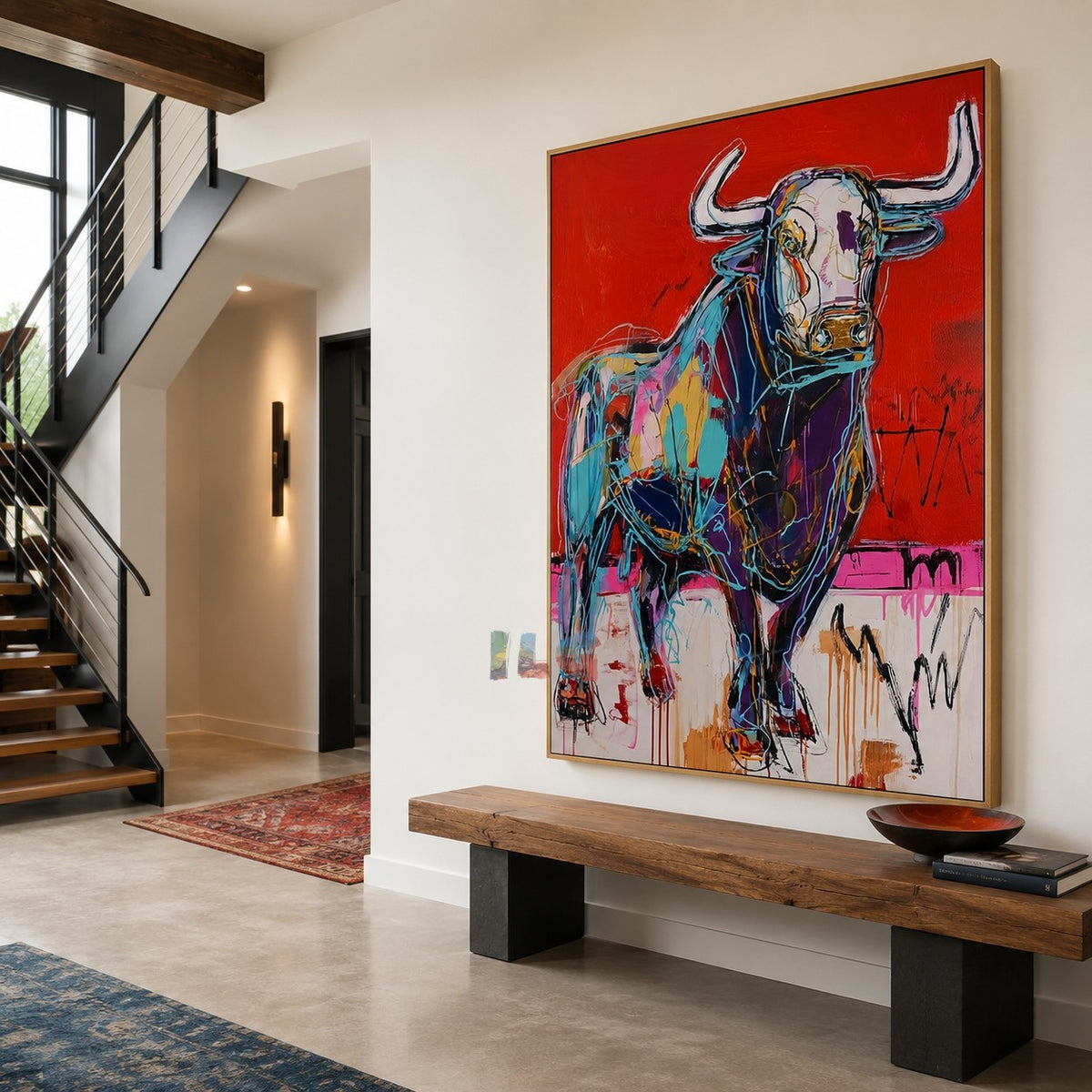 Scarlet Bull Charge – Abstract Animal Wall Art