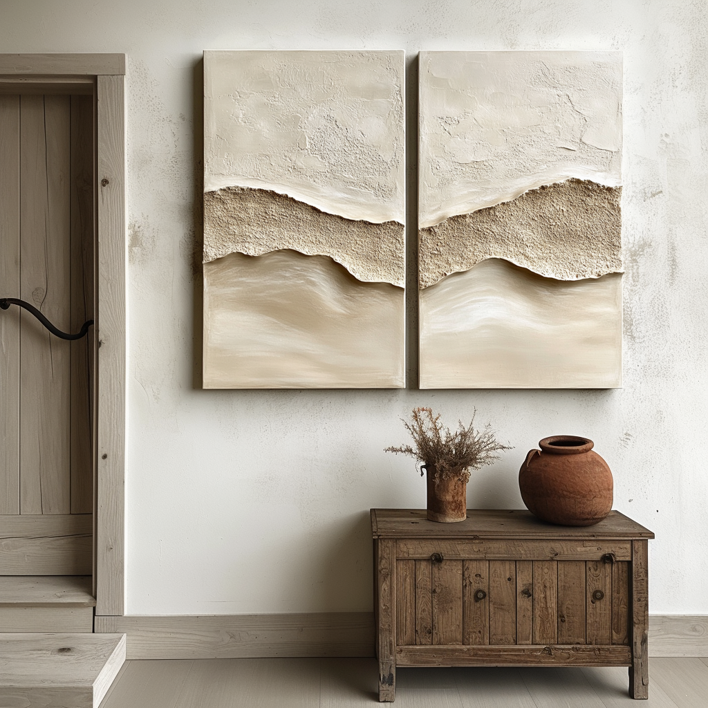 beige diptych textured painting for wabi sabi decor