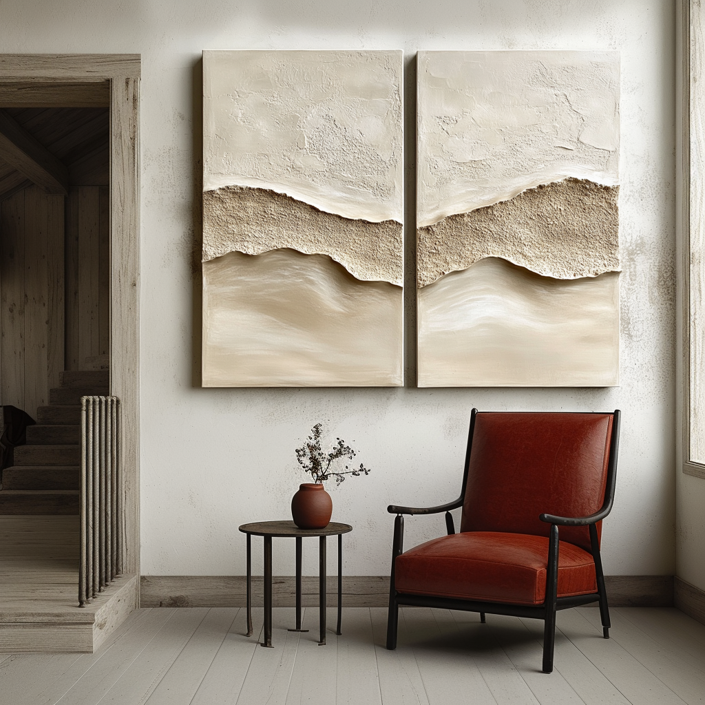 beige diptych textured painting for wabi sabi decor