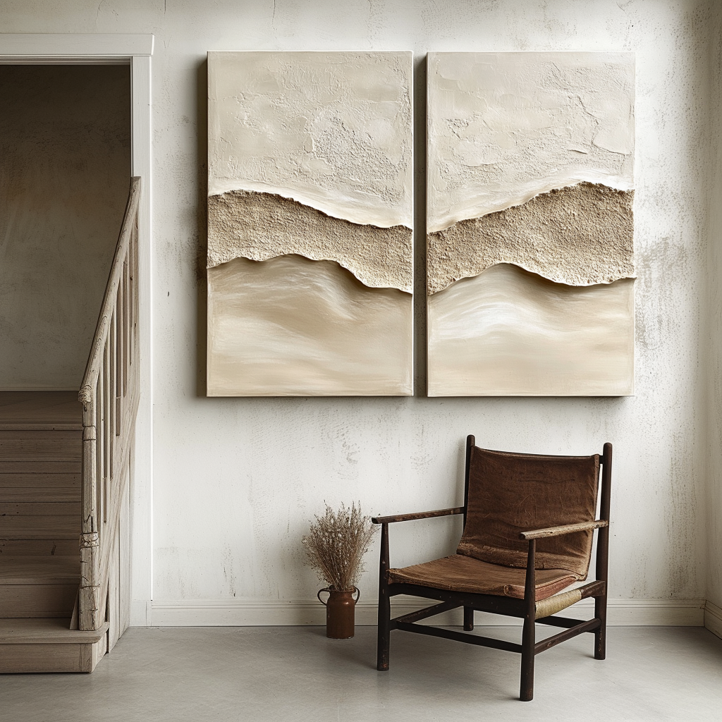 beige diptych textured painting for wabi sabi decor
