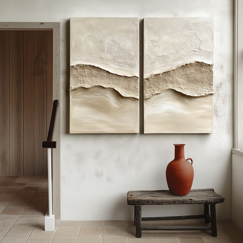 beige diptych textured painting for wabi sabi decor