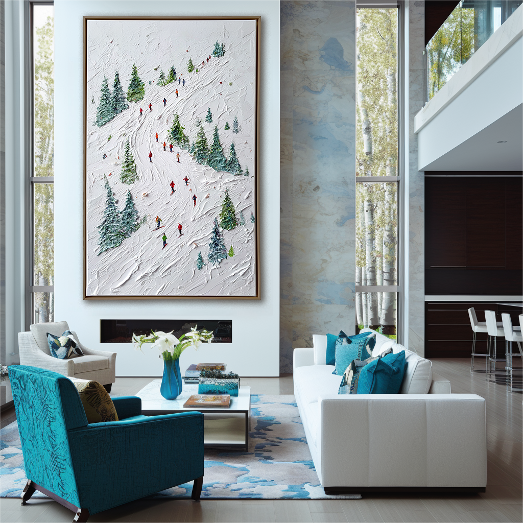 Alpine Rush - Skiing Oil Painting on Textured Canvas, Winter Sports Landscape Wall Art