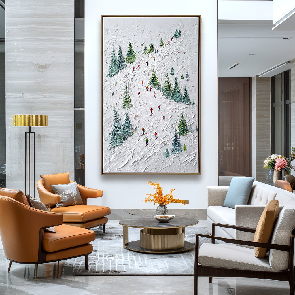 Alpine Rush - Skiing Oil Painting on Textured Canvas, Winter Sports Landscape Wall Art