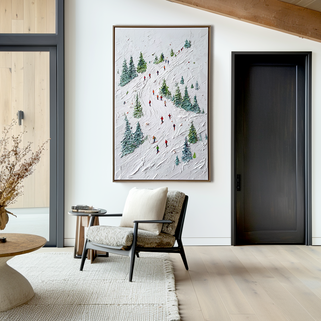 Alpine Rush - Skiing Oil Painting on Textured Canvas, Winter Sports Landscape Wall Art