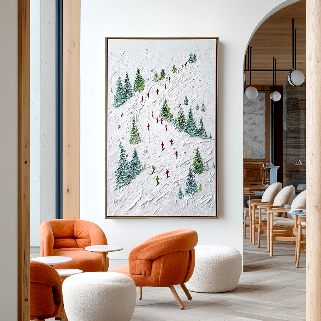 Alpine Rush - Skiing Oil Painting on Textured Canvas, Winter Sports Landscape Wall Art