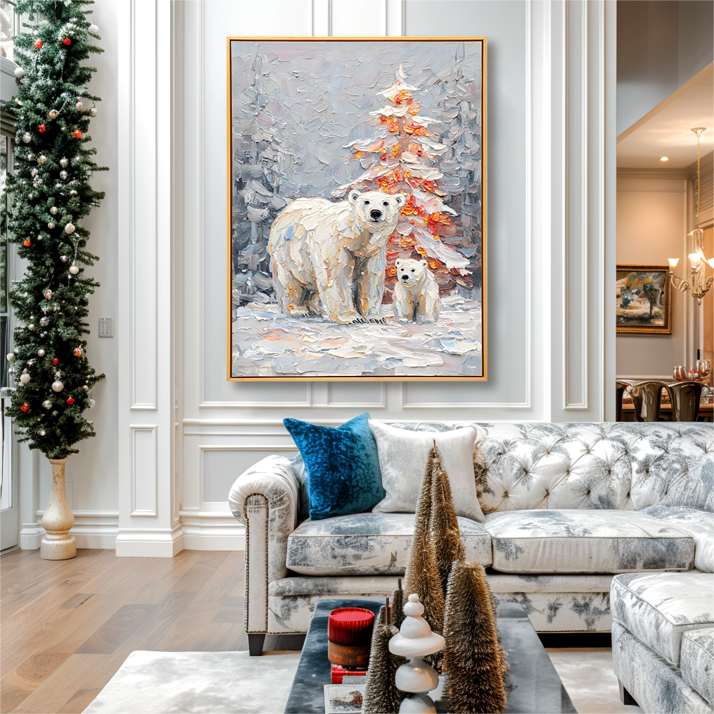 Arctic Glow – Polar Bear Family Textured Christmas Oil Painting