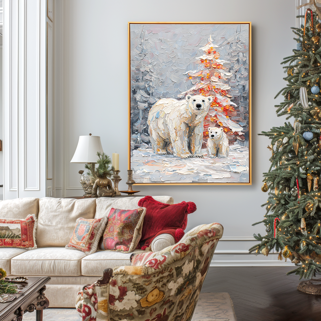 Arctic Glow – Polar Bear Family Textured Christmas Oil Painting