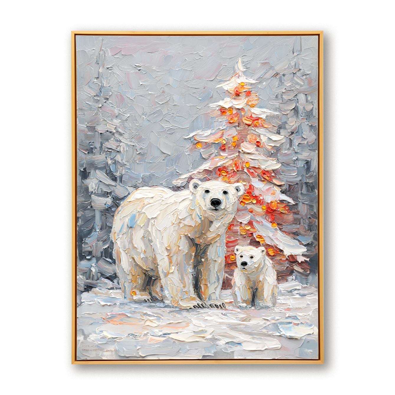 Arctic Glow – Polar Bear Family Textured Christmas Oil Painting