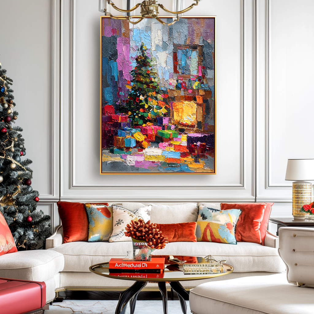 Cozy Eve – Textured Christmas Fireplace and Tree Oil Painting