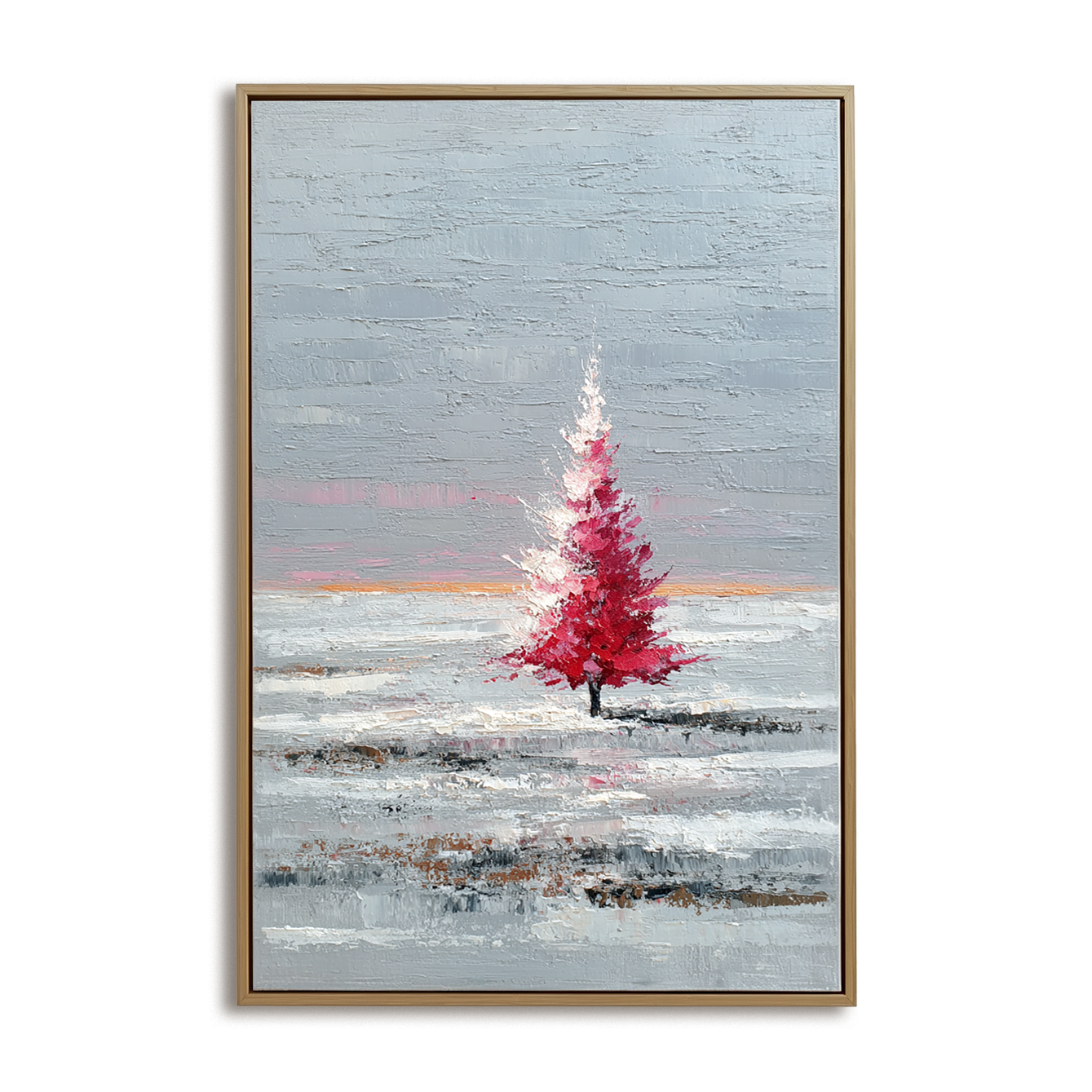 Red Tree Abstract Landscape Art with Impasto Texture - Grey Hues, Stylish Decor for Modern Homes