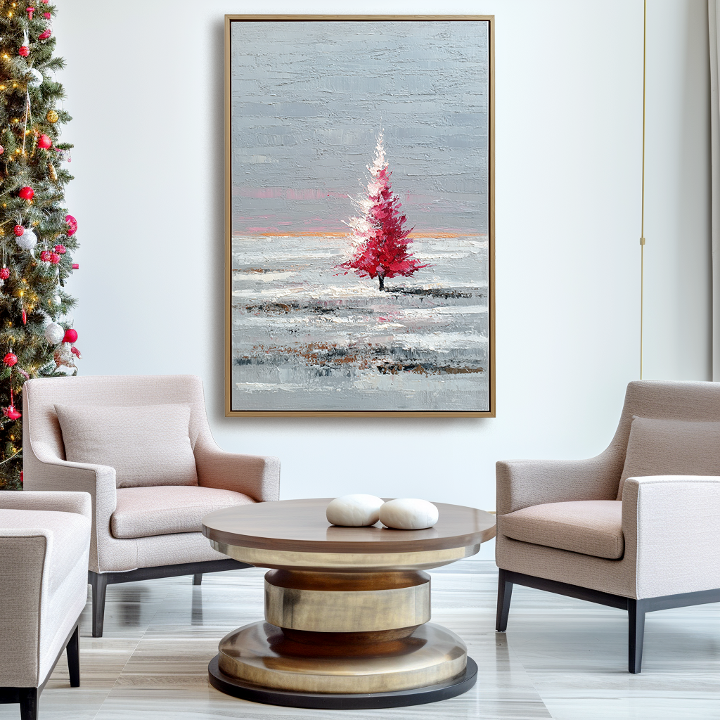 Crimson Solitude : Red Tree Abstract Landscape Art with Impasto Texture - Grey Hues, Stylish Decor for Modern Homes
