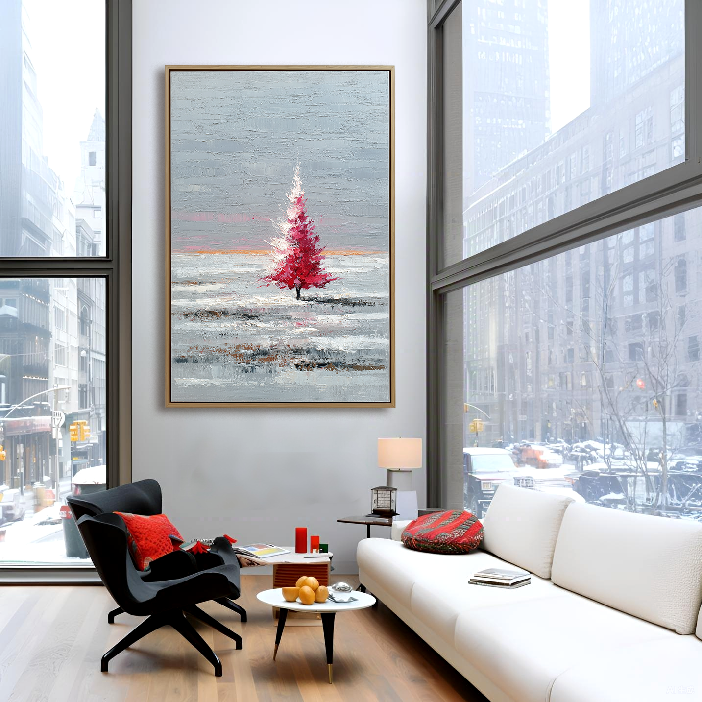 Crimson Solitude : Red Tree Abstract Landscape Art with Impasto Texture - Grey Hues, Stylish Decor for Modern Homes