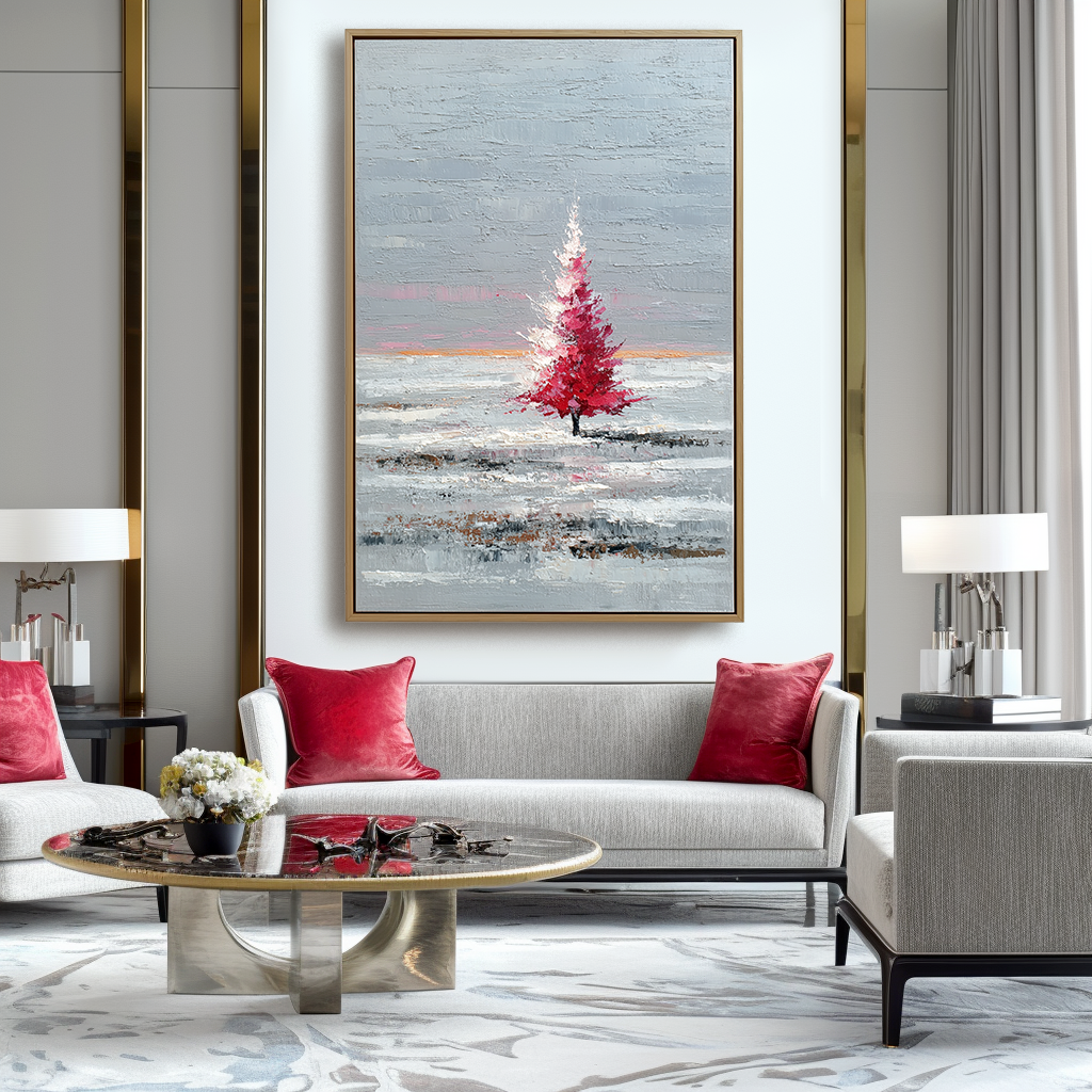 Crimson Solitude : Red Tree Abstract Landscape Art with Impasto Texture - Grey Hues, Stylish Decor for Modern Homes