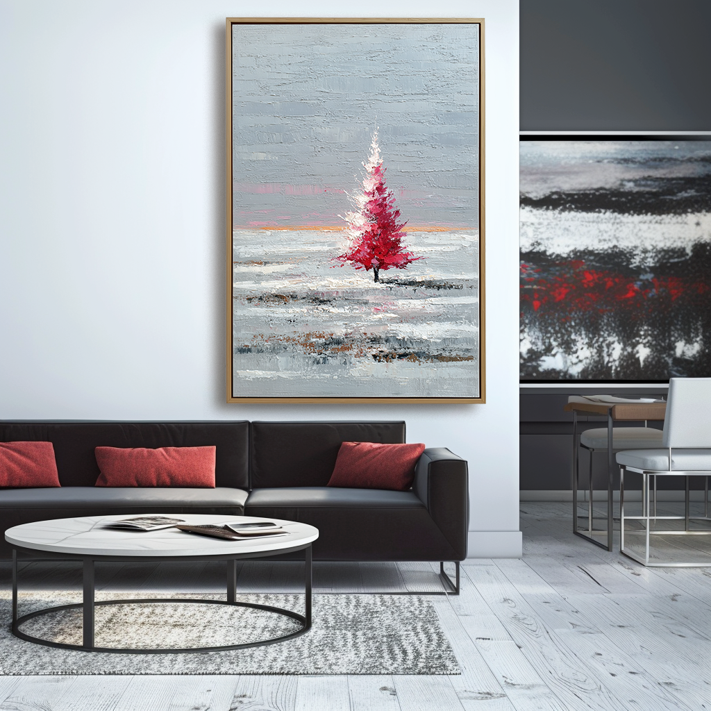 Crimson Solitude : Red Tree Abstract Landscape Art with Impasto Texture - Grey Hues, Stylish Decor for Modern Homes