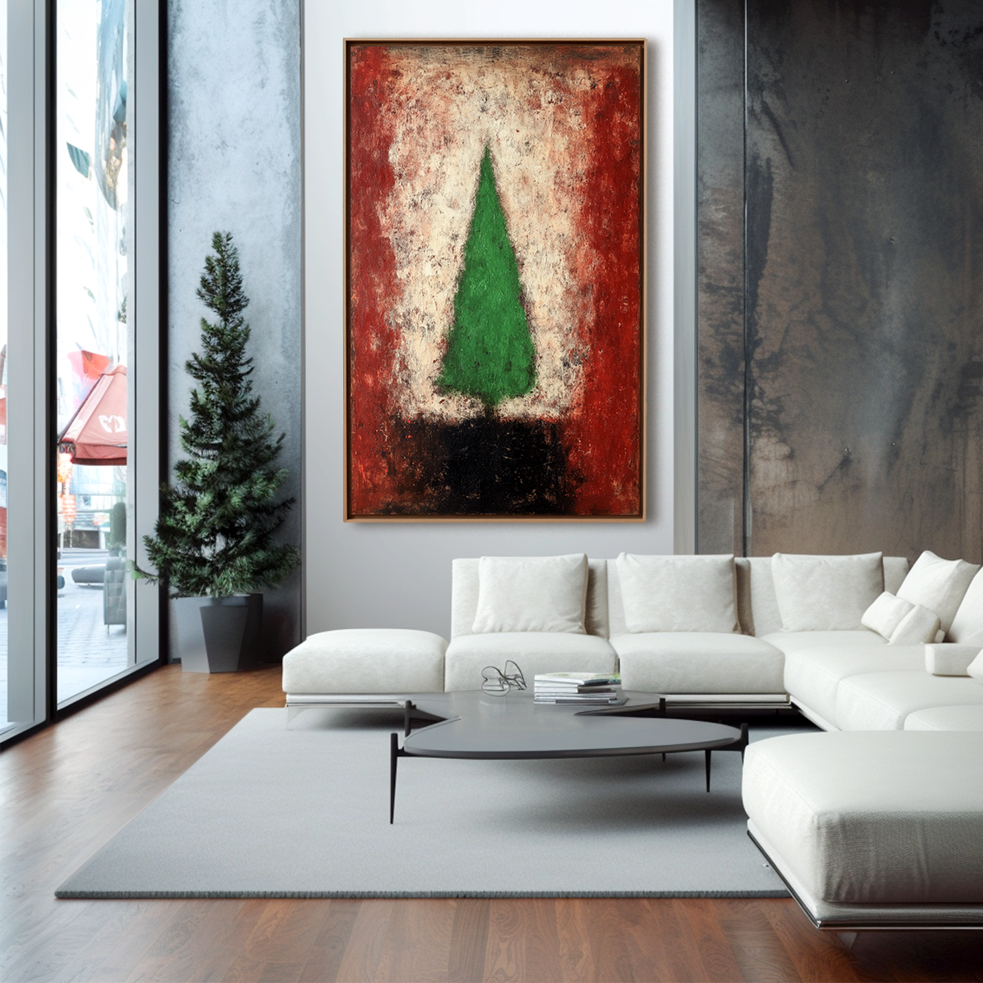 Emerald Flame - Green Abstract Christmas Tree Oil Painting on Canvas, Modern Textured Holiday Wall Art