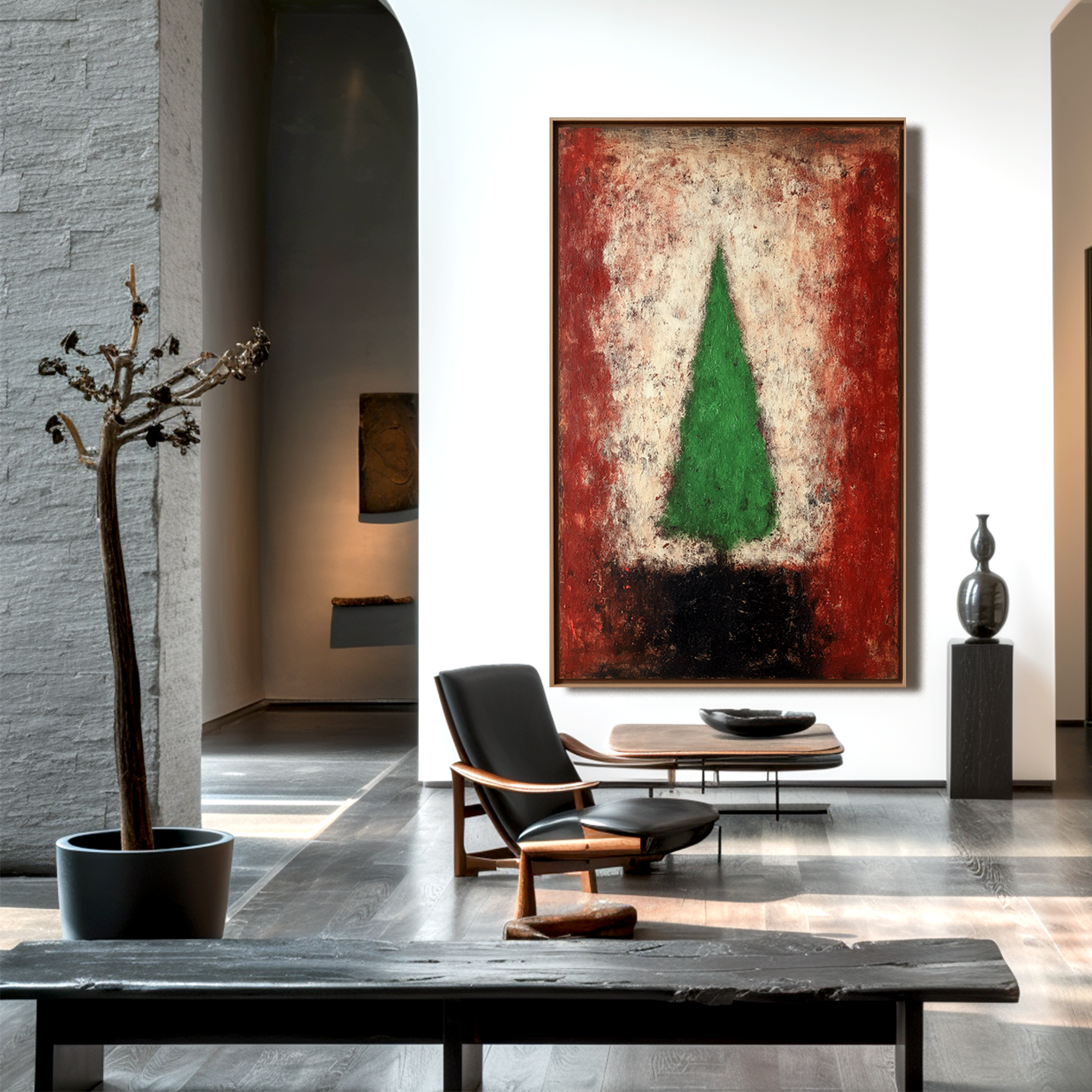 Emerald Flame - Green Abstract Christmas Tree Oil Painting on Canvas, Modern Textured Holiday Wall Art