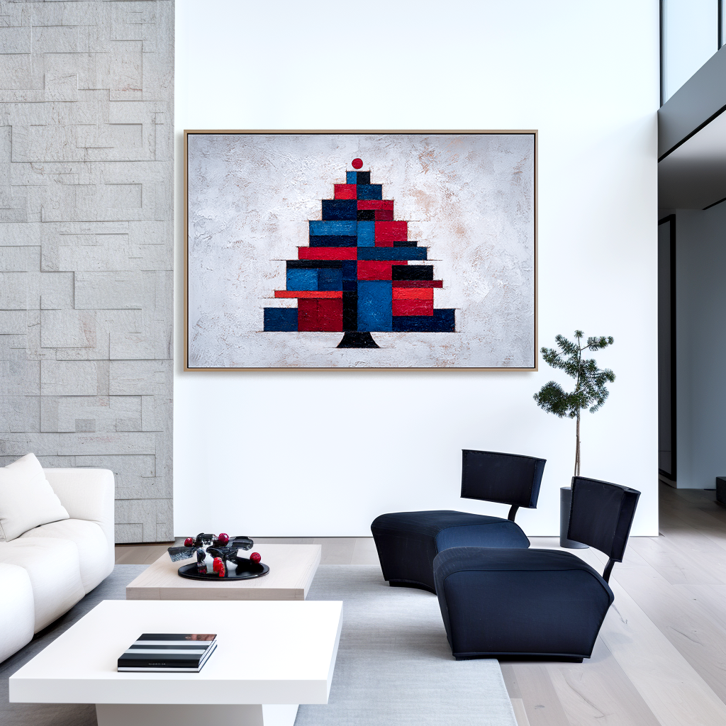 Geometric Noel - Abstract Christmas Tree Oil Painting, Modern Geometric Holiday Canvas Wall Art