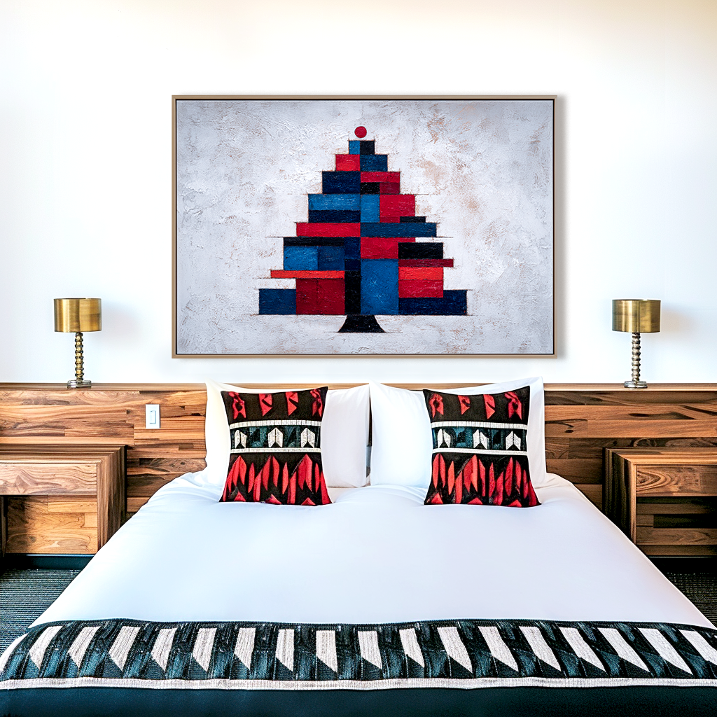 Geometric Noel - Abstract Christmas Tree Oil Painting, Modern Geometric Holiday Canvas Wall Art
