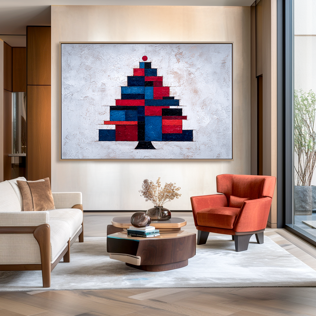 Geometric Noel - Abstract Christmas Tree Oil Painting, Modern Geometric Holiday Canvas Wall Art