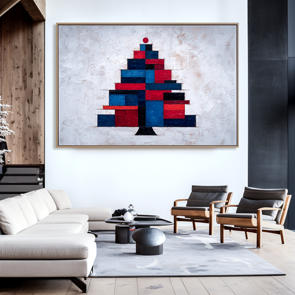 Geometric Noel - Abstract Christmas Tree Oil Painting, Modern Geometric Holiday Canvas Wall Art