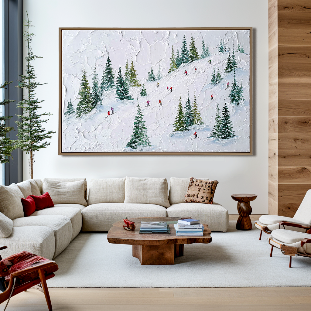 Glide Through Pines - Skiing Oil Painting on Textured Canvas, Winter Snow Landscape Wall Art