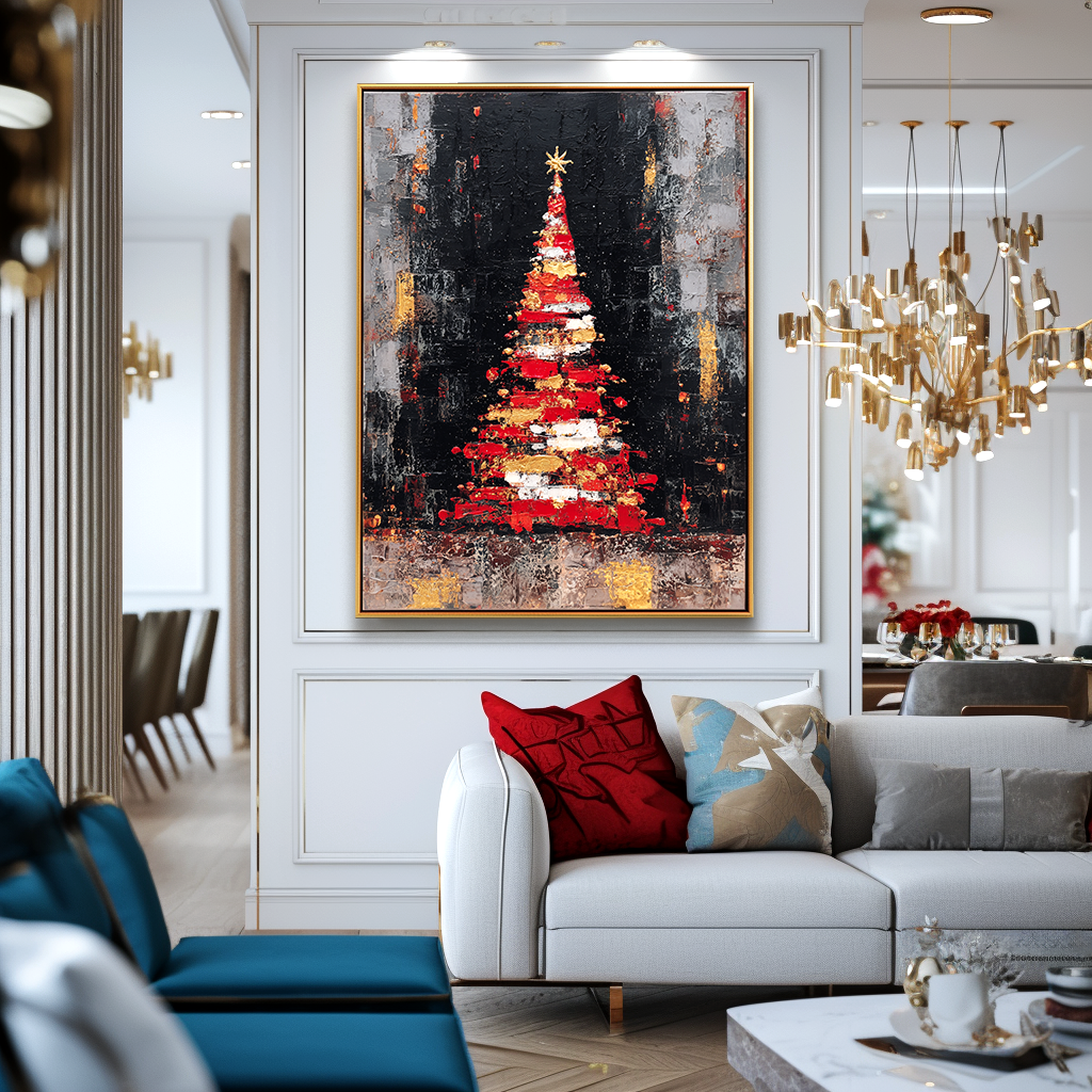 Golden Ember Tree – Abstract Textured Christmas Oil Painting