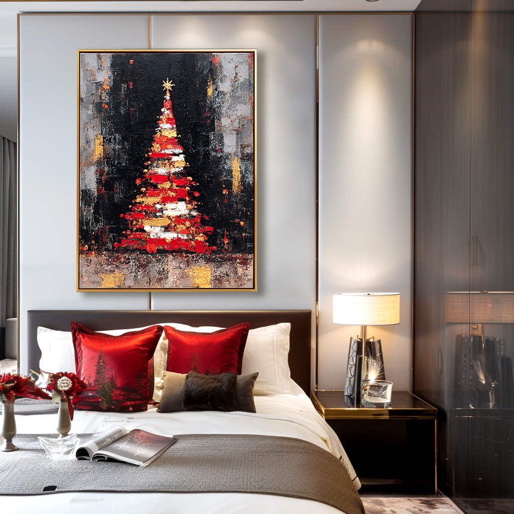 Golden Ember Tree – Abstract Textured Christmas Oil Painting