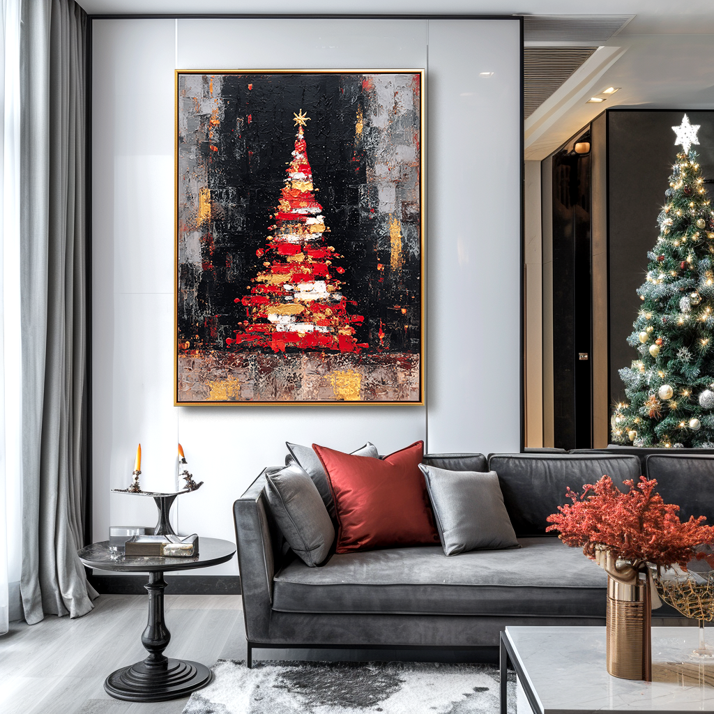 Golden Ember Tree – Abstract Textured Christmas Oil Painting