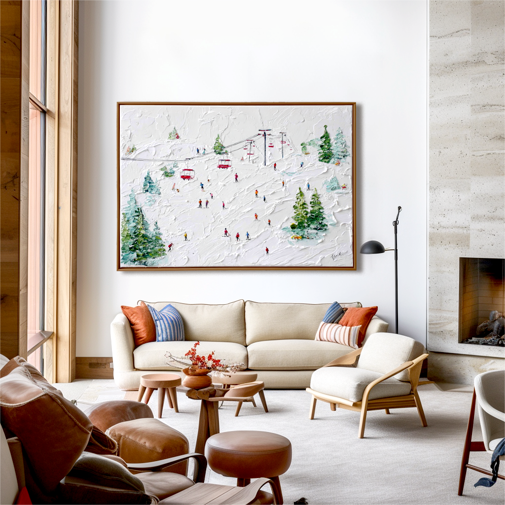 Lift of Joy - Ski Resort Oil Painting on Textured Canvas, Winter Sports Snow Landscape Wall Art