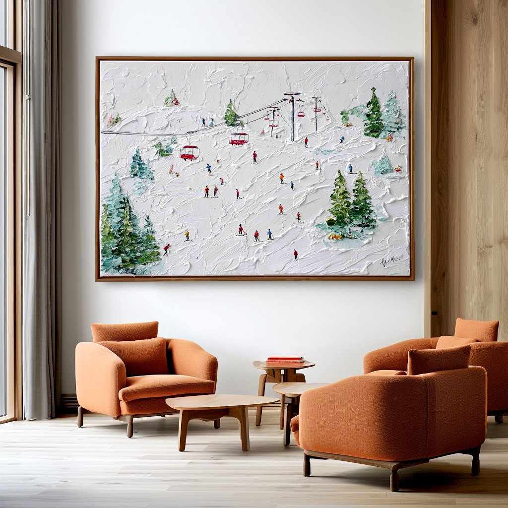 Lift of Joy - Ski Resort Oil Painting on Textured Canvas, Winter Sports Snow Landscape Wall Art