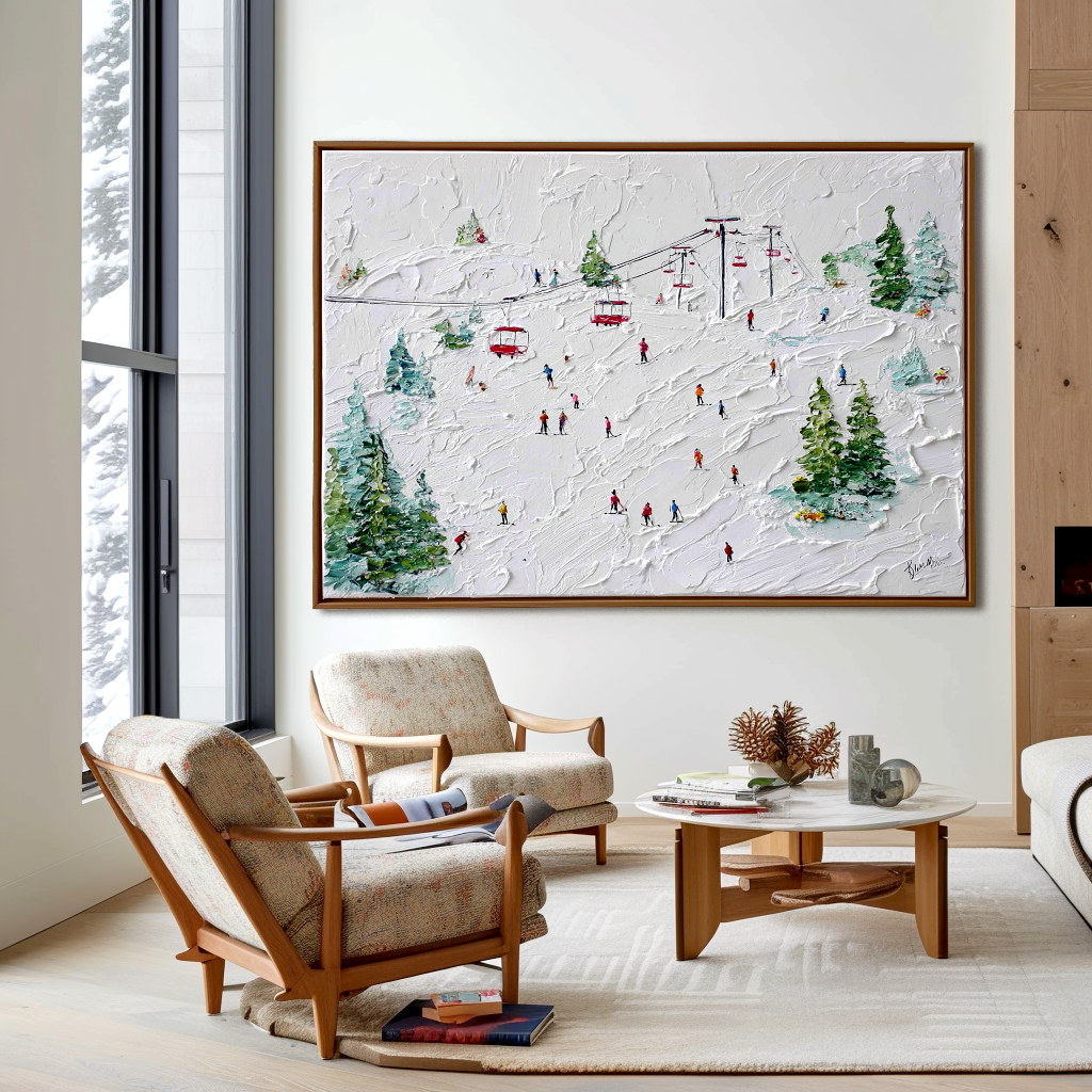 Lift of Joy - Ski Resort Oil Painting on Textured Canvas, Winter Sports Snow Landscape Wall Art