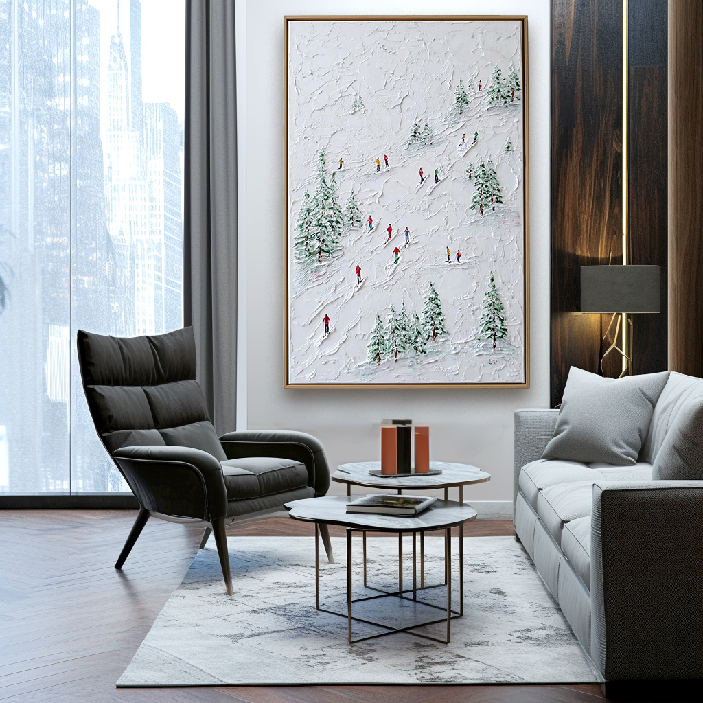 Snowtrail Echo - Skiing Oil Painting on Textured Canvas, Winter Landscape Wall Art