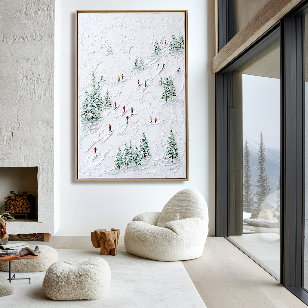 Snowtrail Echo - Skiing Oil Painting on Textured Canvas, Winter Landscape Wall Art