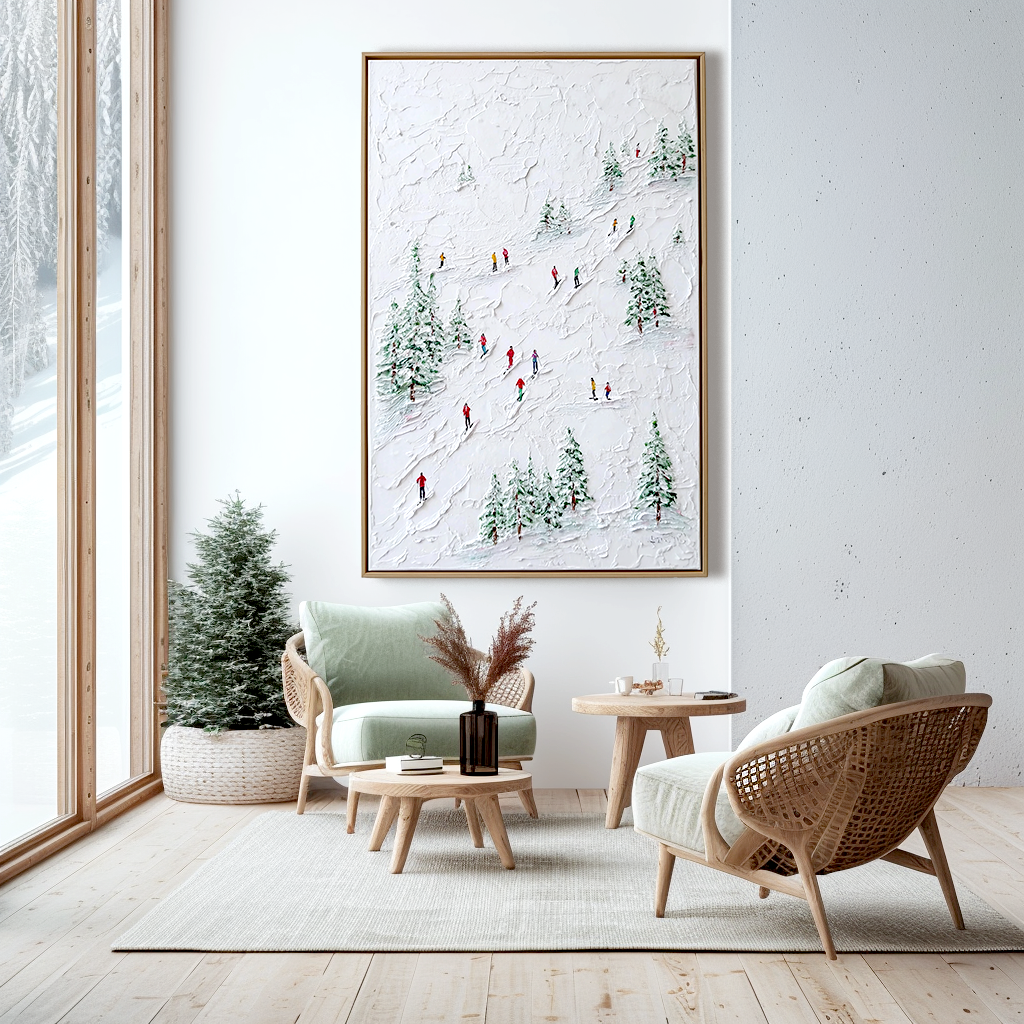 Snowtrail Echo - Skiing Oil Painting on Textured Canvas, Winter Landscape Wall Art