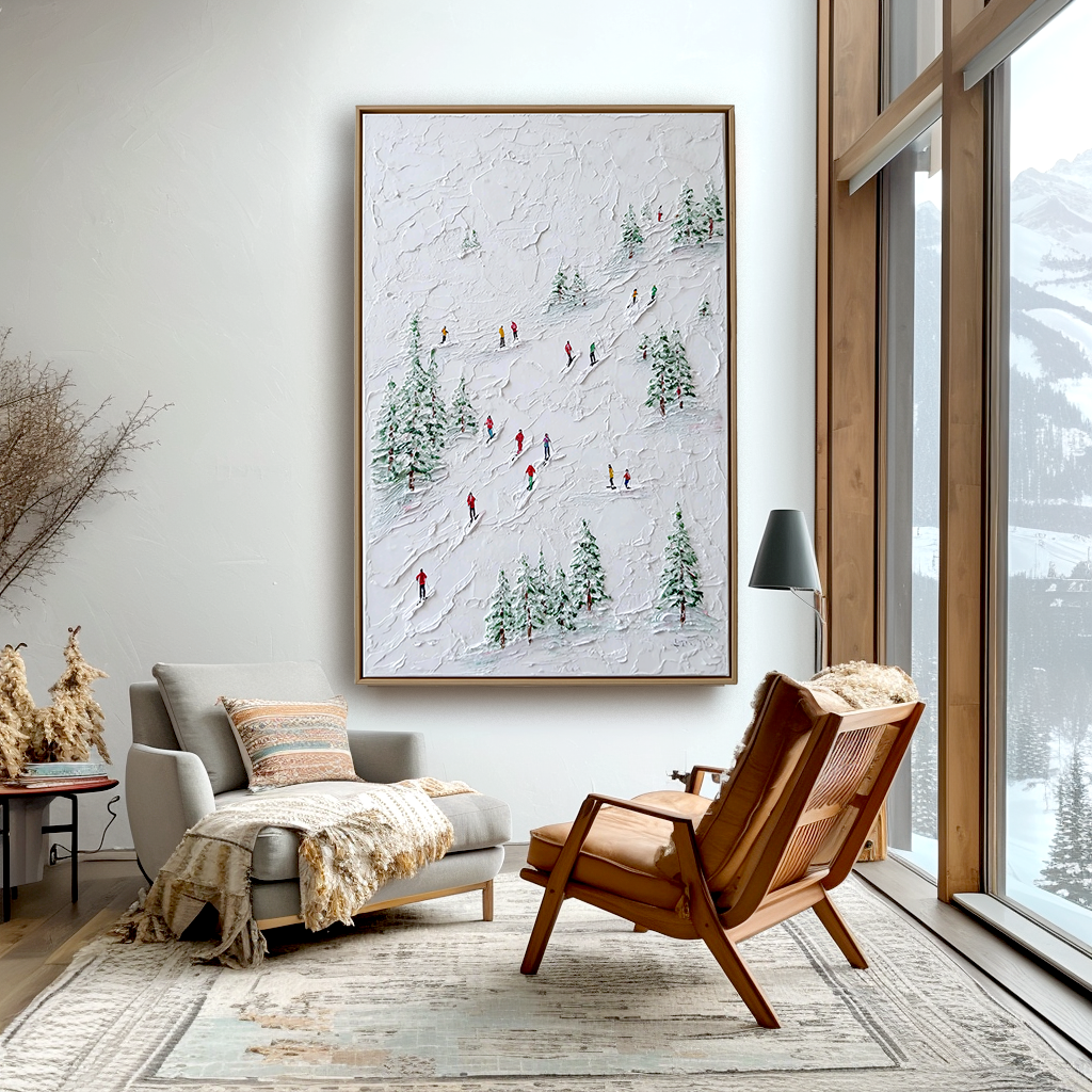 Snowtrail Echo - Skiing Oil Painting on Textured Canvas, Winter Landscape Wall Art