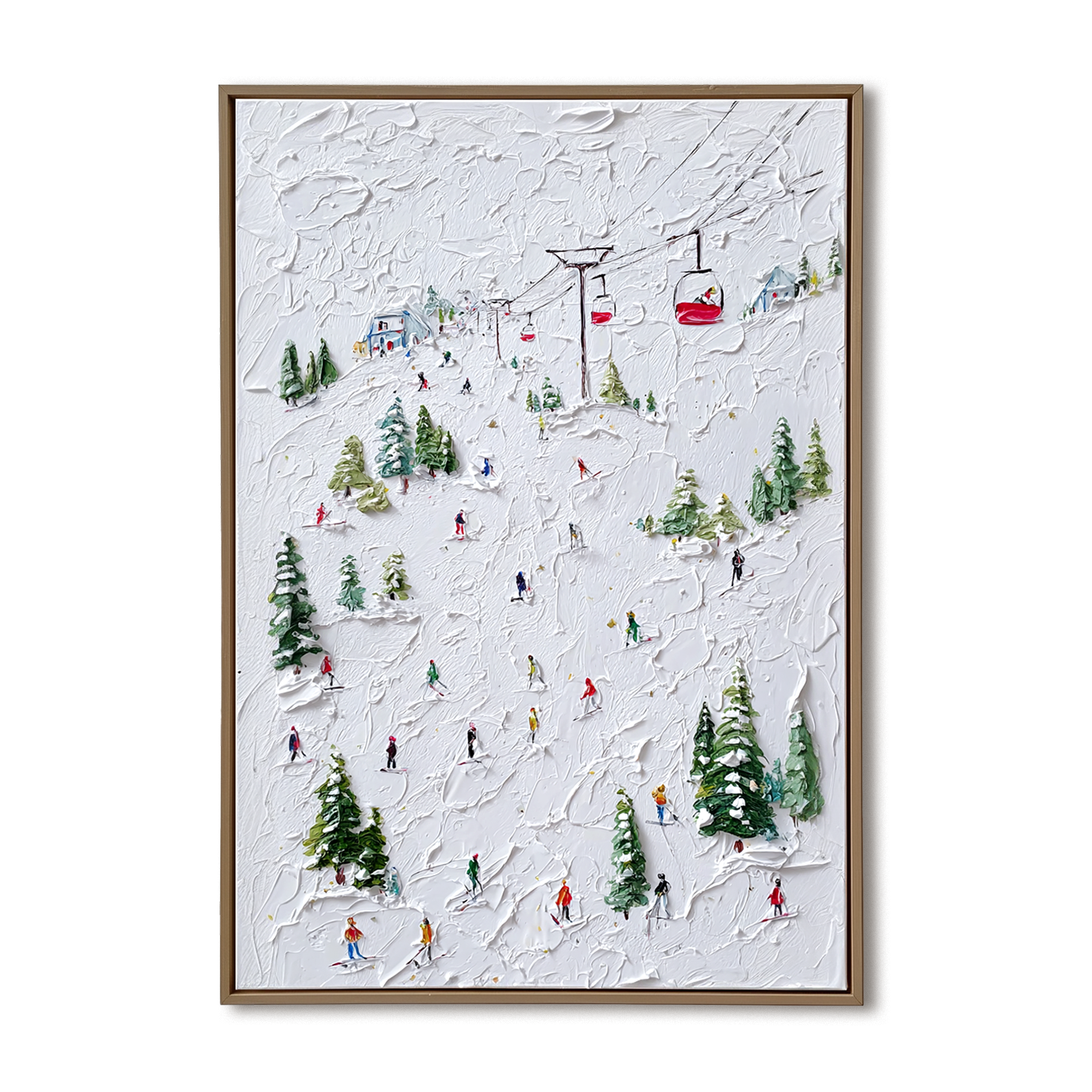 Summit Glide - Ski Resort Oil Painting with Skiers and Cable Cars, Textured Winter Landscape Canvas Wall Art