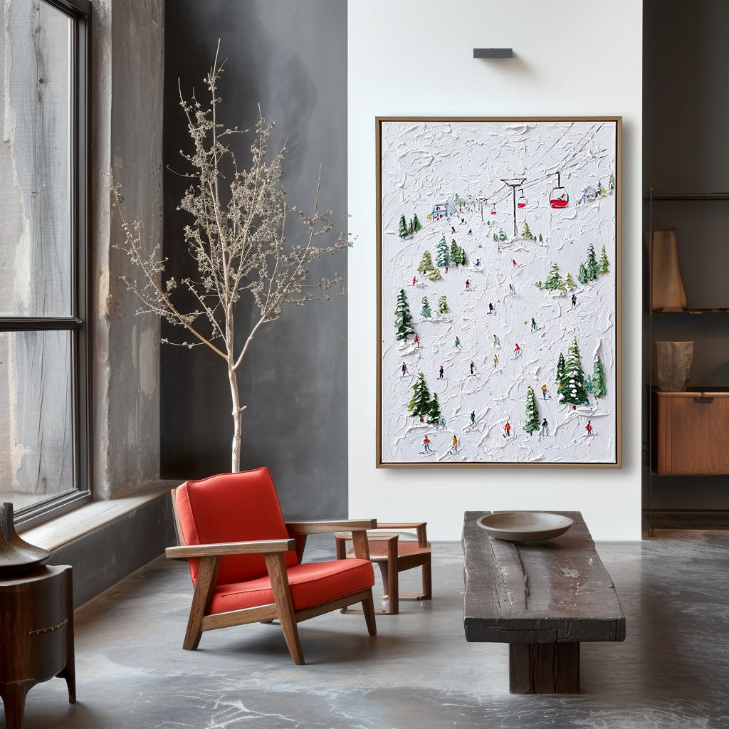 Summit Glide - Ski Resort Oil Painting with Skiers and Cable Cars, Textured Winter Landscape Canvas Wall Art