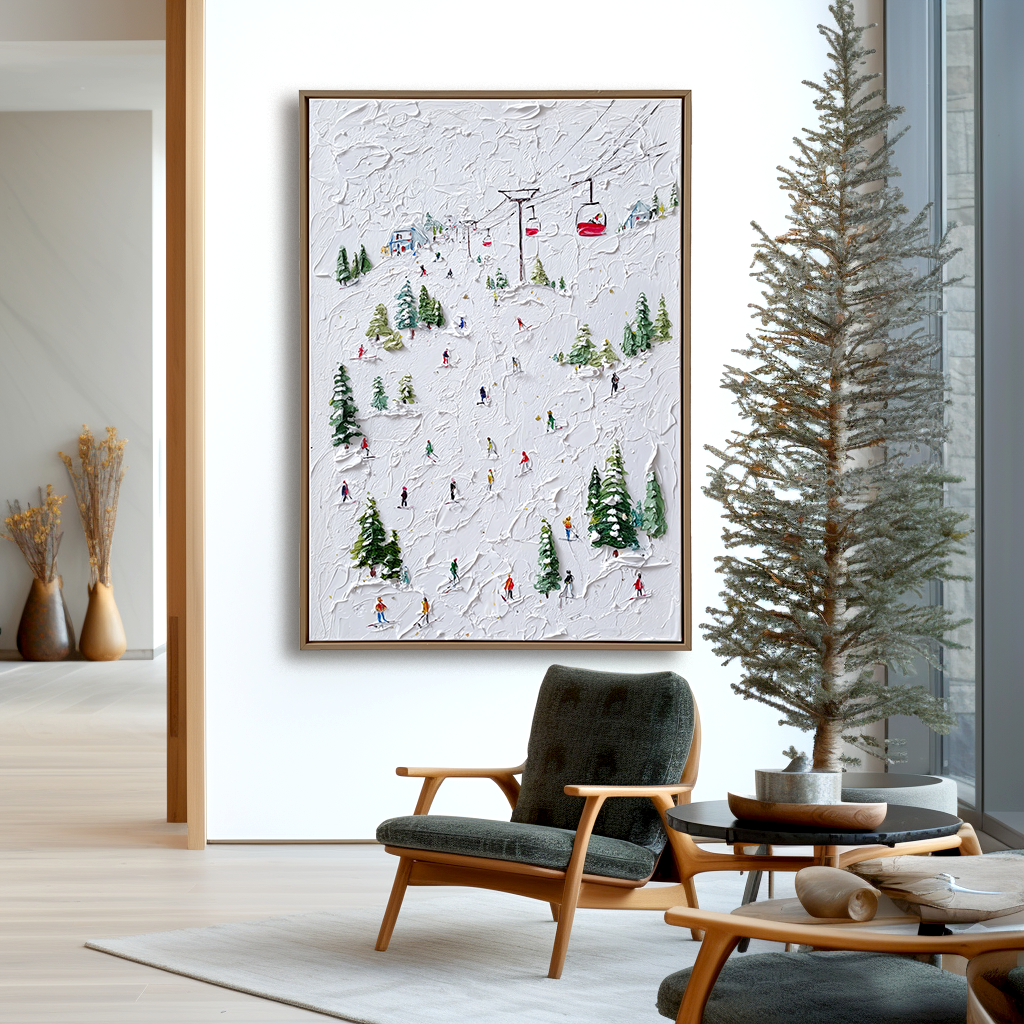 Summit Glide - Ski Resort Oil Painting with Skiers and Cable Cars, Textured Winter Landscape Canvas Wall Art