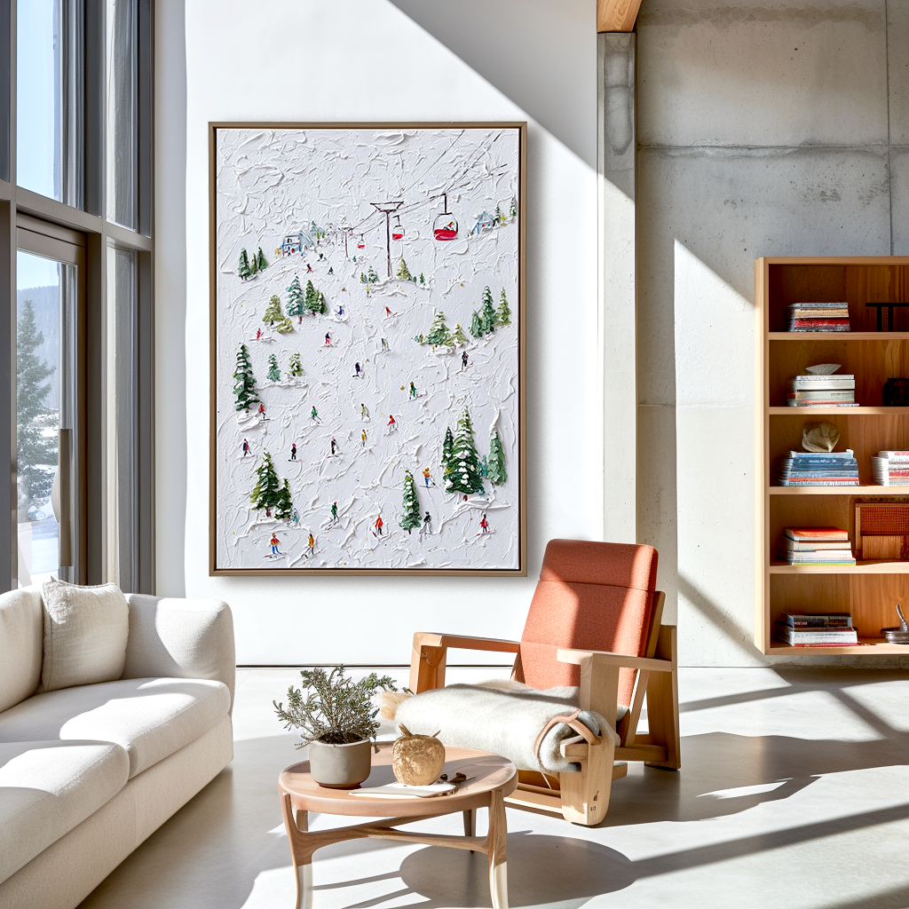 Summit Glide - Ski Resort Oil Painting with Skiers and Cable Cars, Textured Winter Landscape Canvas Wall Art