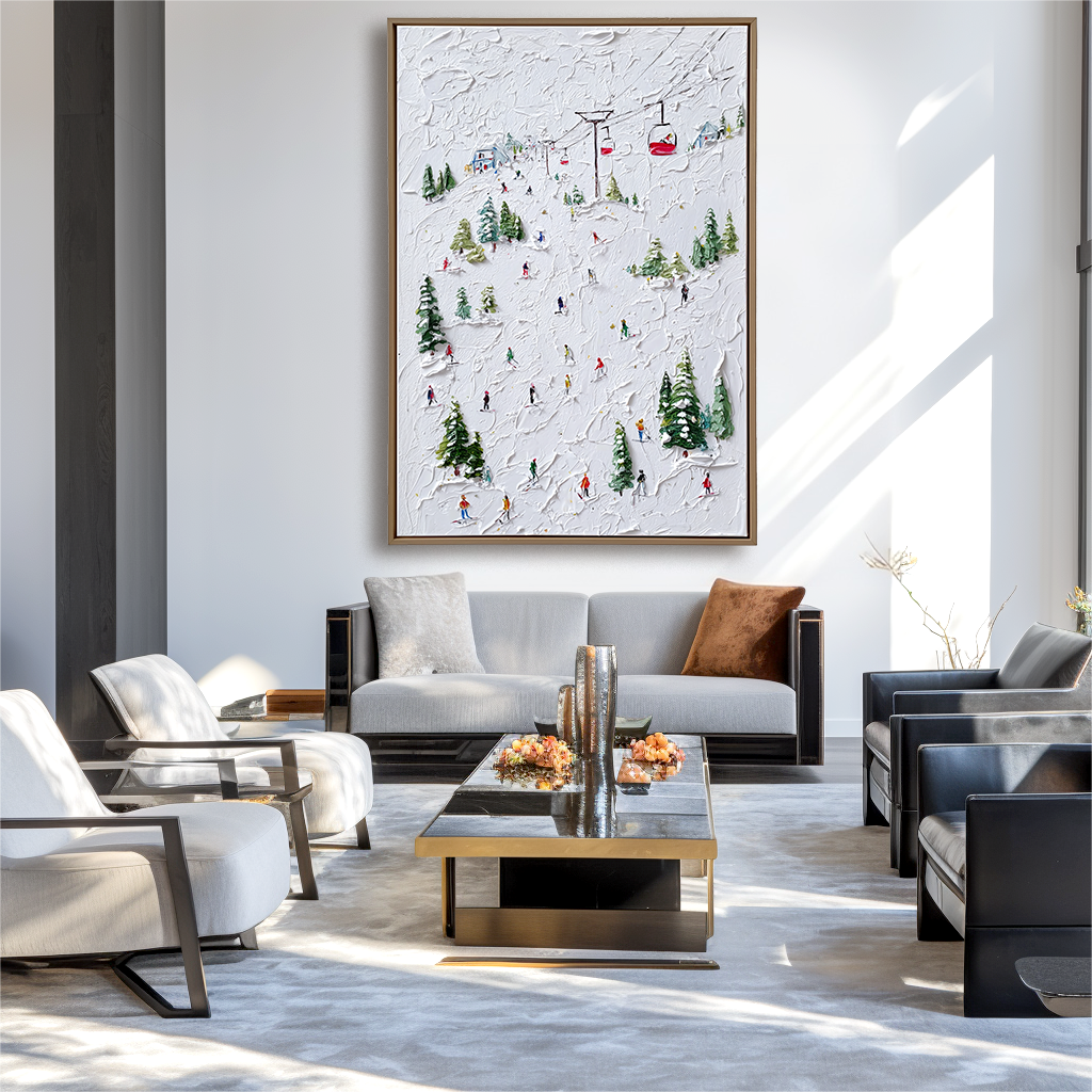 Summit Glide - Ski Resort Oil Painting with Skiers and Cable Cars, Textured Winter Landscape Canvas Wall Art