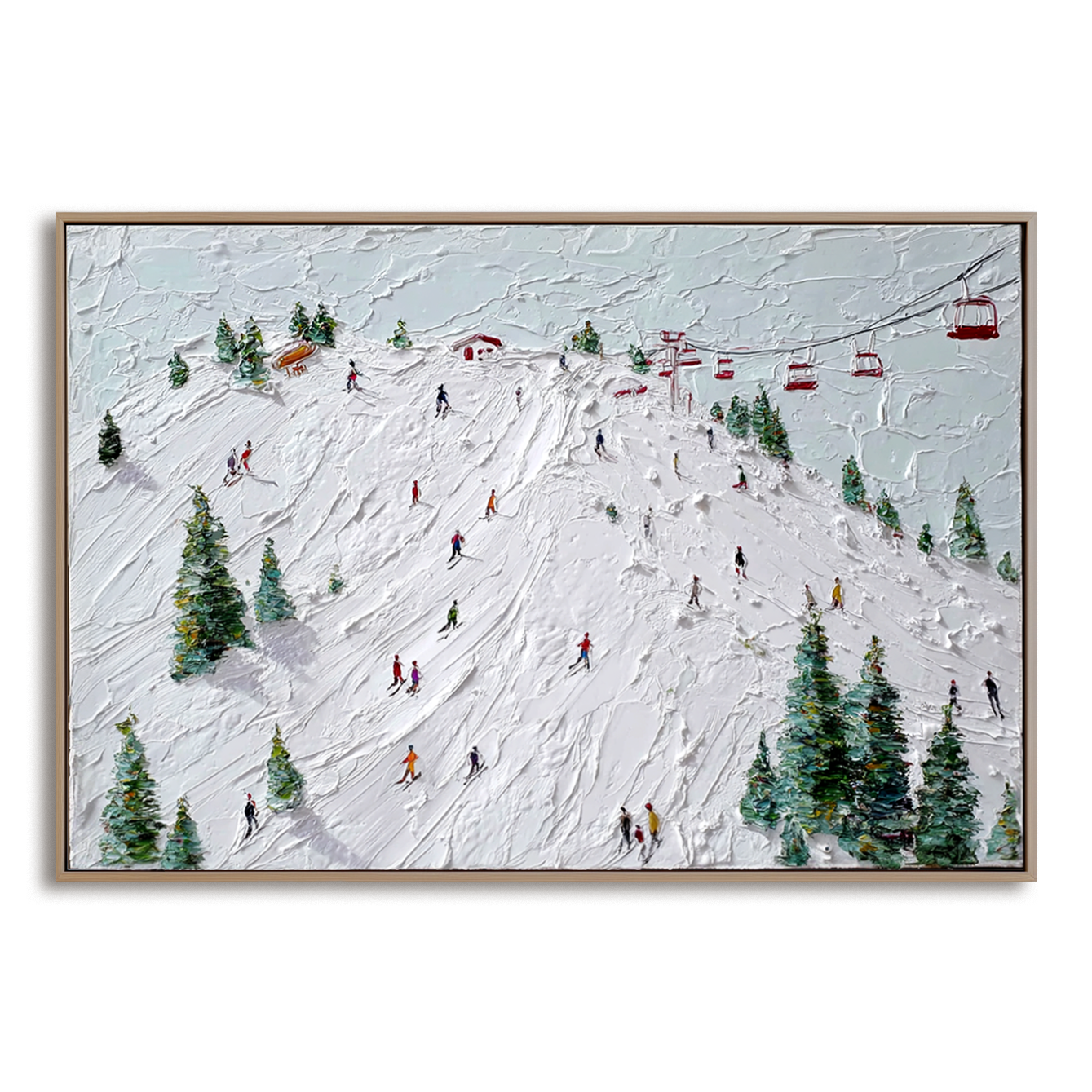 Summit Rush - Ski Resort Oil Painting on Textured Canvas, Winter Sports Alpine Wall Art